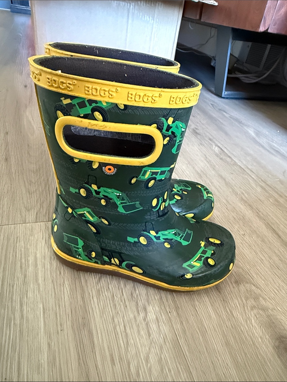 Bogs Kids Green Rain Boots with Yellow Trim and Tractor Print
